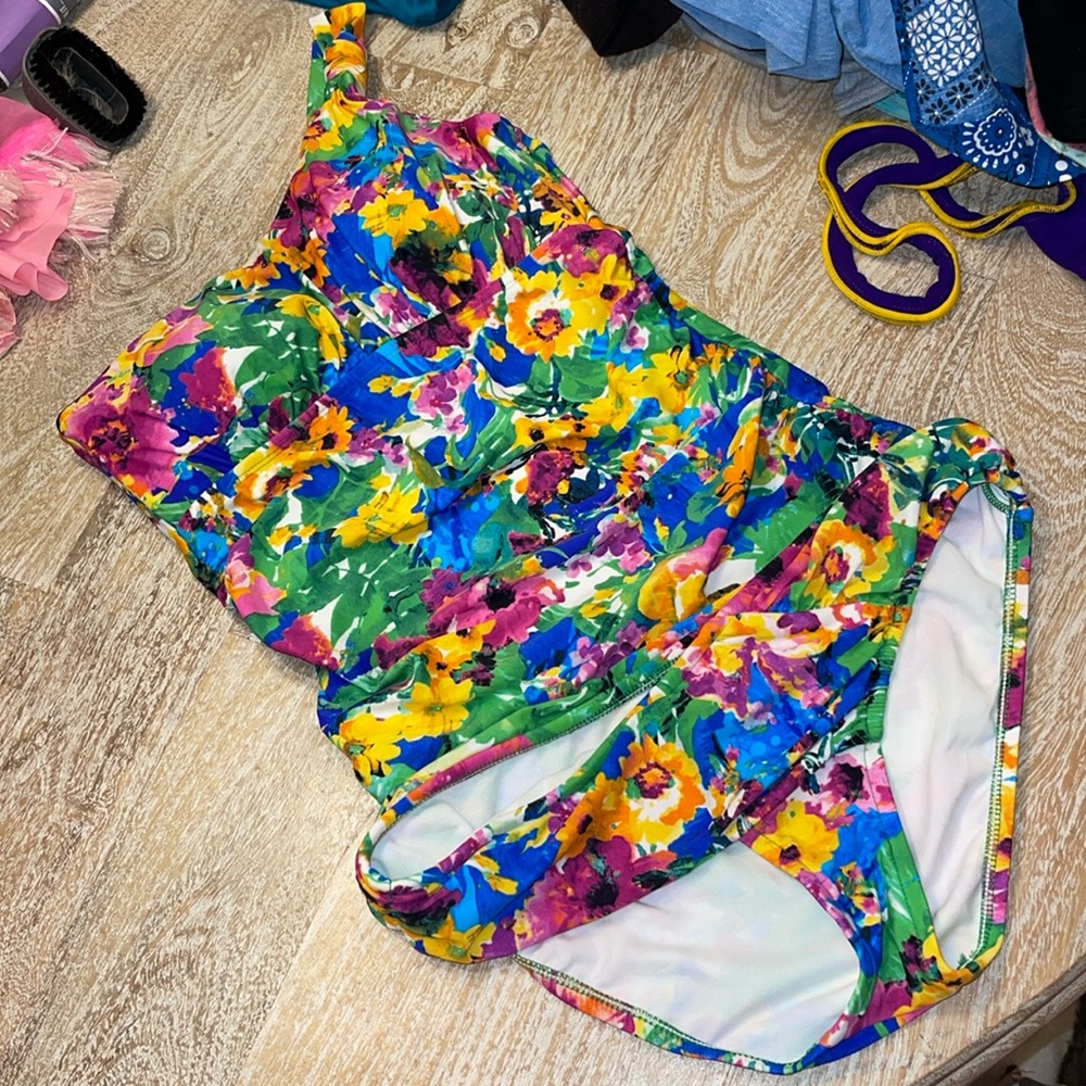 Allen B Tankini floral blue yellow purple